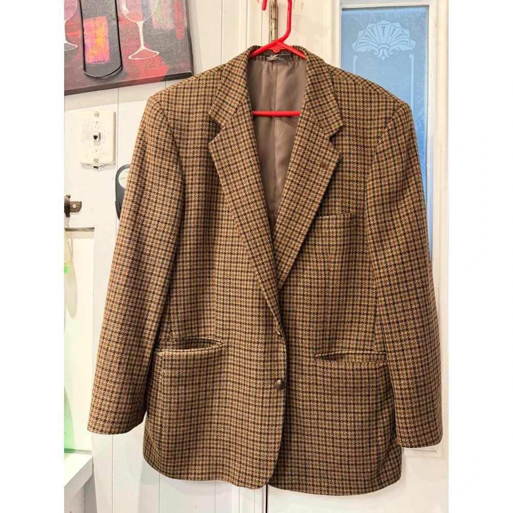 Marc Jeffries Mens 44R Lambswool Cashmere Houndstooth Blazer Sport Coat Brown